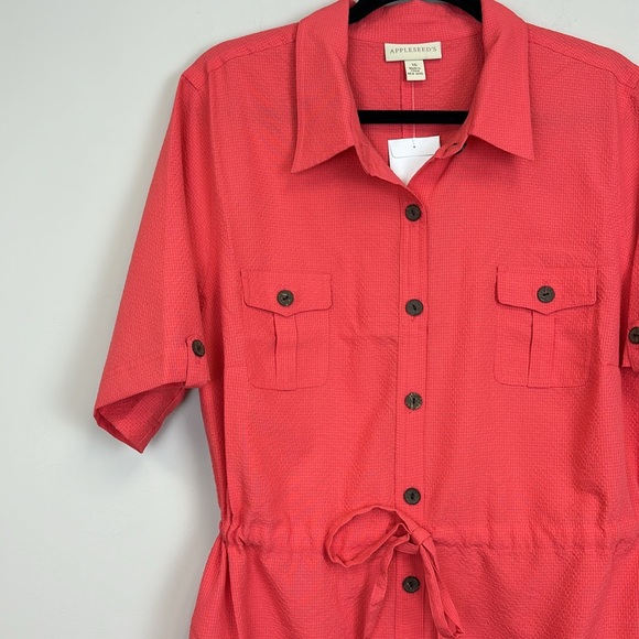 Appleseeds Pink Button Down Dress Cinch Waist Pockets Size 16 NEW - Picture 2 of 6